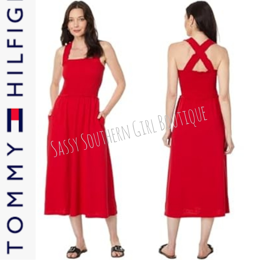 🆕⭐ Tommy Hilfiger Red Smocked Sleeveless Dress